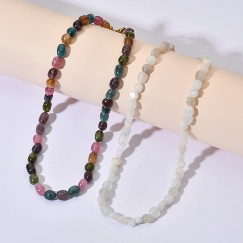 Vintage Bohemian Semi-precious Stone Beaded Necklace For Women Multicolor Natural Tourmaline Layered Clavicle Chain Jewelry Gift