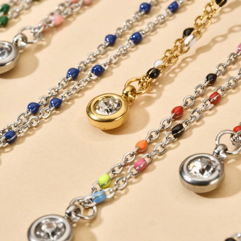 Französisch Emaille Perlen Edelstahl Halskette Für Damen Minimalistisch Schlüsselbeinkette Mit Zirkonia Runder Anhänger Schmuck Geschenk