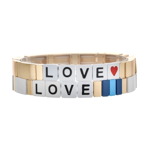 Colorful Enamel Tile Bracelet For Women Alloy Beaded Stretch LOVE Letter Heart Bohemian Fashion Jewelry Stackable Bangle