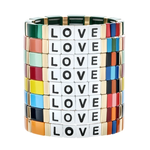 Colorful Enamel Tile Bracelet For Women Alloy Beaded Stretch LOVE Letter Heart Bohemian Fashion Jewelry Stackable Bangle