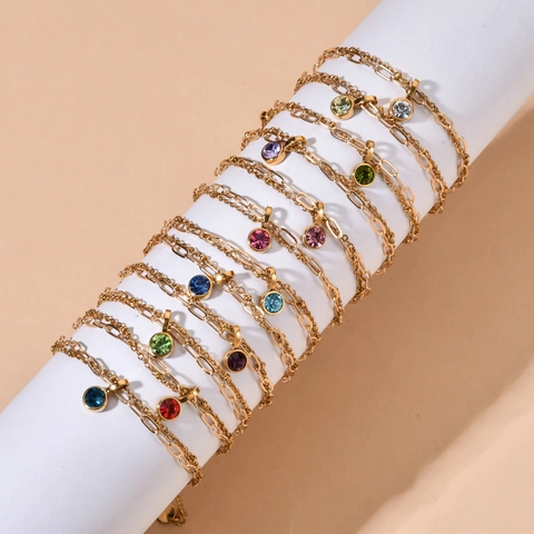 12 Birthstones Stainless Steel Double Layer Bracelet For Women Gold Plated Zirconia Round Pendant Fashion Birthday Jewelry Gift