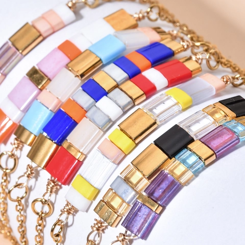 Bohemian Stainless Steel Tila Bead Bracelet For Women Multicolored Geometric Tile Bead Adjustable Chain Bracelet Electroplated Gold Handmade Jewelry Gift