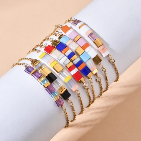 Bohemian Stainless Steel Tila Bead Bracelet For Women Multicolored Geometric Tile Bead Adjustable Chain Bracelet Electroplated Gold Handmade Jewelry Gift
