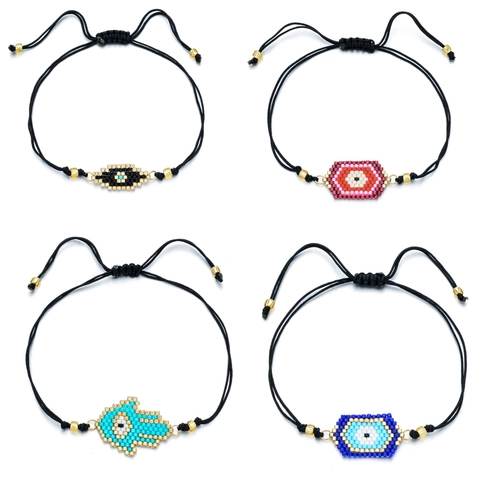 Handmade Woven Miyuki Bead Bracelet For Women Stainless Steel Chain Evil Eye Hamsa Hand Adjustable Bohemian Jewelry
