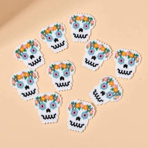 Handmade Woven Glass Seed Bead Skull Accessories Day Of The Dead Floral Design For DIY Jewelry Making Crafts