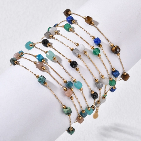 Vergulde Roestvrij Stalen Armband Voor Dames Handgemaakte Boheems Vierkante Natuursteen Kralen Geometrische Sieraden