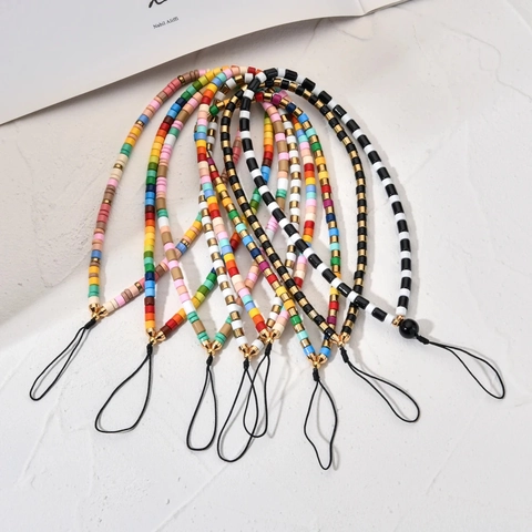 Handgemaakte Kleurrijke Cilindrische Kraal Telefoon Charm Strap Met Gouden Legering Afstandhouders Boho Telefoon Ketting Voor Vrouwen