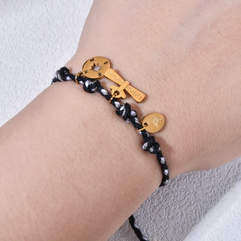 Handmade Braided Rope Bracelet Gold Plated Stainless Steel Charm Beach Boho Vacation Jewelry For Women Adjustable String Tassel Bracelet