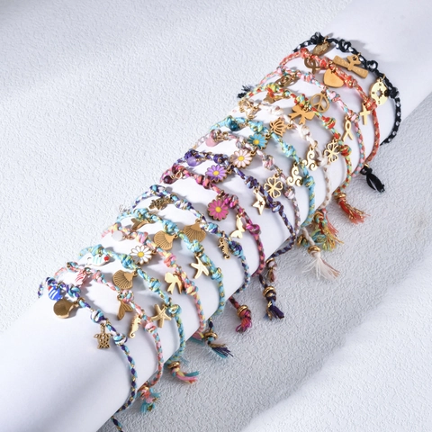 Handmade Braided Rope Bracelet Gold Plated Stainless Steel Charm Beach Boho Vacation Jewelry For Women Adjustable String Tassel Bracelet
