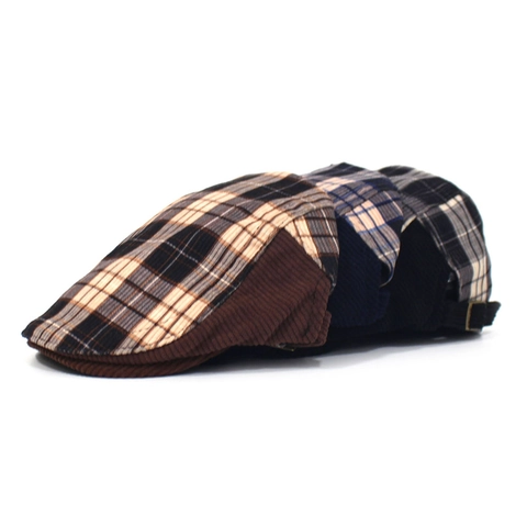 Béret Plat Vintage Plaid Velours Côtelé Homme Style Britannique Chapeau Ivy Newsboy Hiver Chaud Réglable Casual