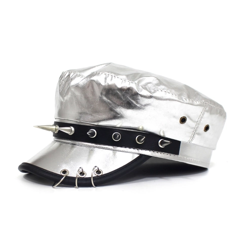 Gorra Militar Punk de Cuero PU Plateado Con Picos y Anillos de Metal Estilo Rock Gótico Boina de Techo Plano Mujer