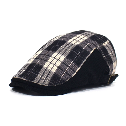 Béret Plat Vintage Plaid Velours Côtelé Homme Style Britannique Chapeau Ivy Newsboy Hiver Chaud Réglable Casual