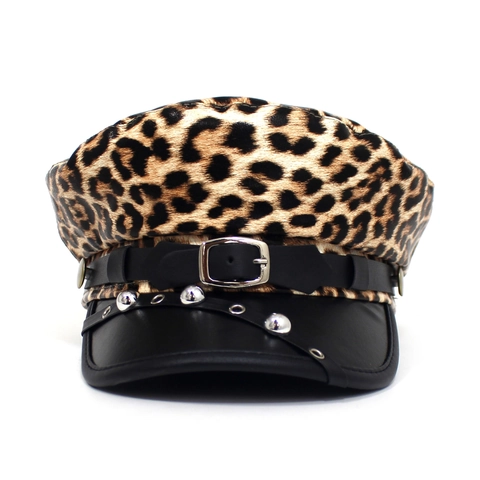 Luipaardprint Marinepet Baker Boy Pet Met PU-Leren Klep Klinknagels Riemgesp Punk Retro Platte Pet Voor Dames