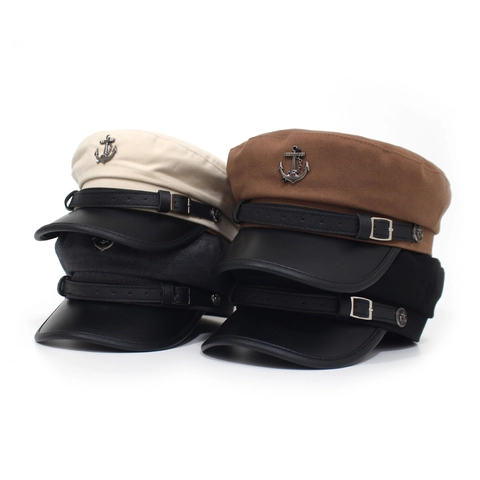 Vintage British Style PU Leather Sailor Hat For Women Retro Fiddler Cap With Metal Anchor Badge Solid Color Newsboy Hat