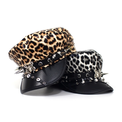 Punk Leopard Print PU Leather Navy Hat Metal Spider Studded Flat Top Military Hat Women Fashion Party Performance Headwear