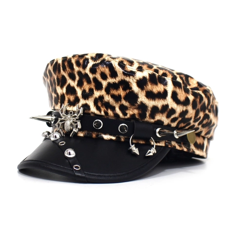 Punk Leopard Print PU Leather Navy Hat Metal Spider Studded Flat Top Military Hat Women Fashion Party Performance Headwear