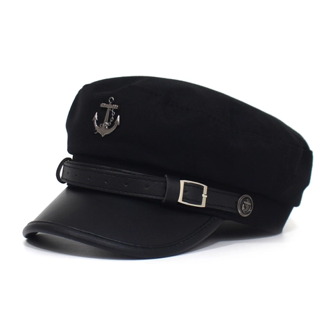 Vintage British Style PU Leather Sailor Hat For Women Retro Fiddler Cap With Metal Anchor Badge Solid Color Newsboy Hat