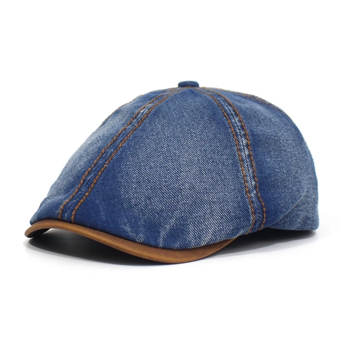 Vintage Gewaschene Baumwolle Denim Schiebermütze Für Damen Herren Verstellbare Flat Cap Mode Ivy Hut Mit Patchwork Lederkrempe