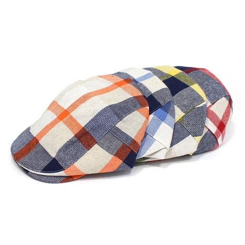 British Style Checkered Cotton Beret Flat Cap For Men Women Casual Plaid Newsboy Ivy Cap Sunshade Adjustable Cabbie Hat