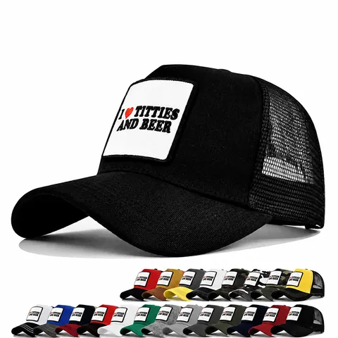 Humorvolle Mesh Trucker Hat I Heart Titties and Beer Aufnäher Stickerei Baseball Cap Atmungsaktive Sonnenhut Verstellbare Pet