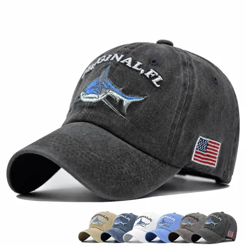 Vintage Washed Cotton Baseball Cap Distressed 3D Shark Embroidery USA Flag Adjustable Sun Hat For Men Women Streetwear