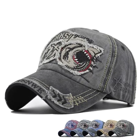 Berretto da Baseball in Cotone Lavato Vintage per Uomo Donna Ricamo Squalo 3D Distressed Regolabile Snapback Hat Streetwear