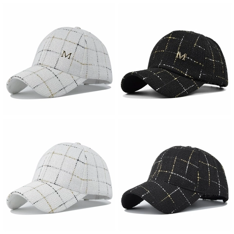 Plaid Tweed Baseball Cap With Metallic Thread Gold Silver Checkered Pattern Adjustable Outdoor Sun Hat Women Men Fashion