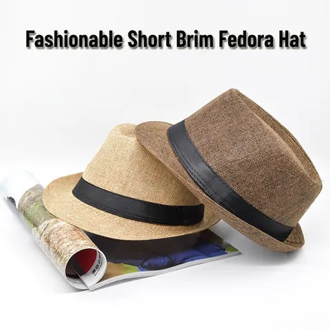 Unisex Linnen Fedora Jazzhoed Geweven Korte Rand Zomer Zonnehoed Met Zwart Satijnen Lint Voor Heren Dames Casual Outdoor Pet