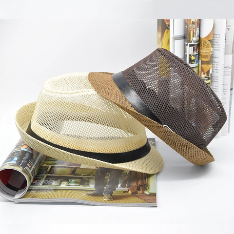 Cappello di Paglia Fedora Vintage a Maglia Traforata per Uomo Donna Traspirante Estivo da Spiaggia Con Cintura in Similpelle Jazz