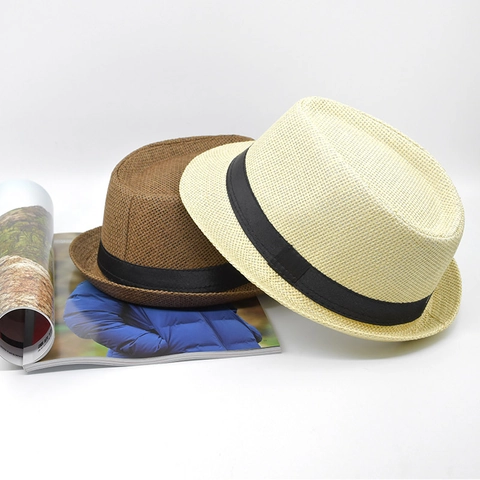 Vintage Paper Straw Fedora Hat For Women Kids Breathable Sun Protection Beach Hat With Ribbon Band Rolled Edge Jazz Hat
