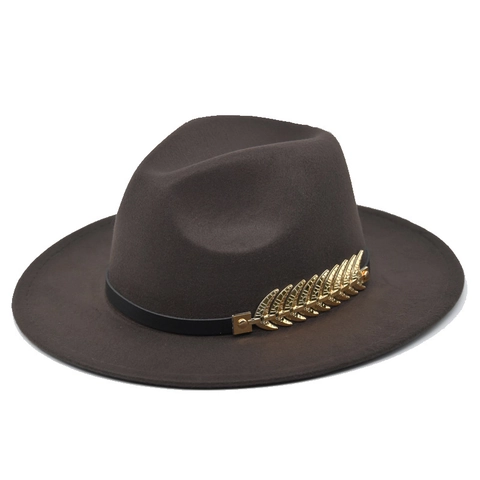 Vintage Women Wide Brim Polyester Felt Fedora Jazz Hat With Gold Metal Leaf Buckle Decorative Belt Solid Color Party Hat