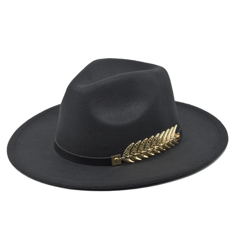 Vintage Women Wide Brim Polyester Felt Fedora Jazz Hat With Gold Metal Leaf Buckle Decorative Belt Solid Color Party Hat