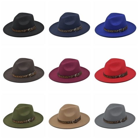 Classic Wool Felt Fedora Hat With Leopard Print Band Metal Buckle Wide Brim Jazz Hat For Men Women Autumn Winter British Style Warm Sunshade