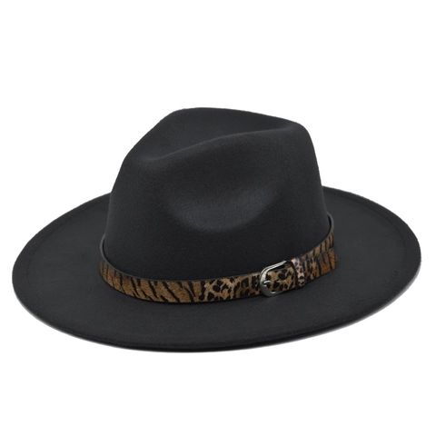 Classic Wool Felt Fedora Hat With Leopard Print Band Metal Buckle Wide Brim Jazz Hat For Men Women Autumn Winter British Style Warm Sunshade