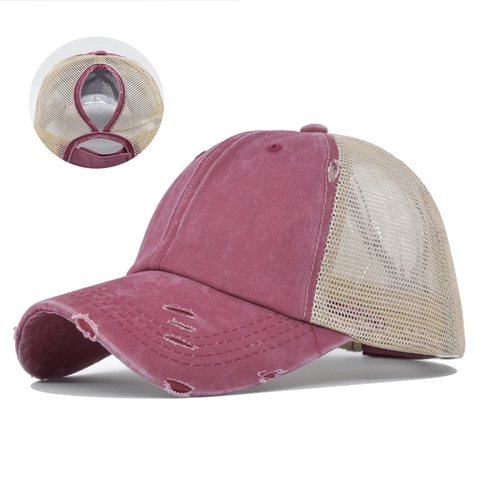 Damen Washed Cotton Verwitterte Pferdeschwanz Baseballkappe Mesh Trucker Hut Mit Verstellbarem Loch Für Sommer Outdoor