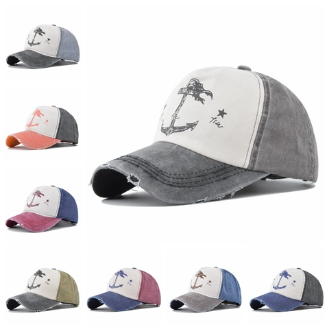Casquette de Baseball Vintage en Coton Délavé pour Hommes Femmes Imprimé Ancre Distressed Color Block Réglable Fashion Trucker Hat pour Extérieur Voyage