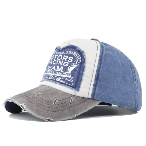 Berretto da Baseball Vintage Distressed Lavato Patch Motors Racing Team Blocco di Colore Sfilacciato Regolabile Sport all'Aperto Cappello da Sole in Cotone