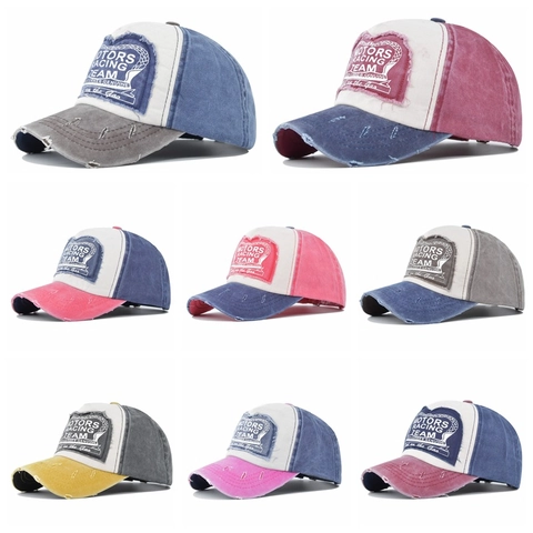 Berretto da Baseball Vintage Distressed Lavato Patch Motors Racing Team Blocco di Colore Sfilacciato Regolabile Sport all'Aperto Cappello da Sole in Cotone