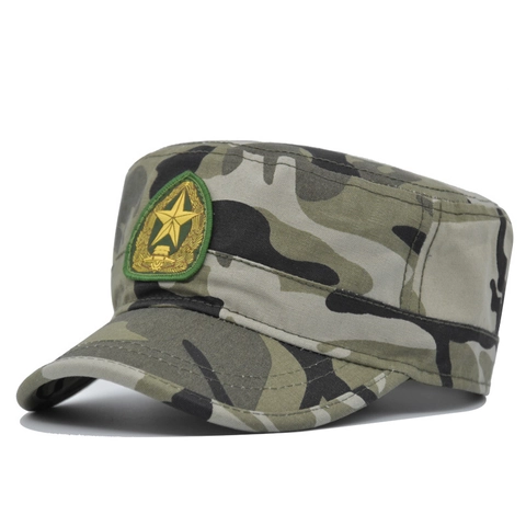 Military Style Flat Top Camouflage Cotton Cadet Cap With Star Embroidery For Outdoor Sports Hiking Men Women Patrol Hat