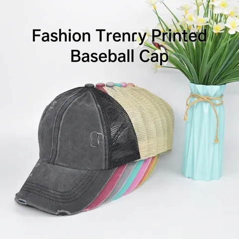Women Criss Cross Ponytail Baseball Cap Washed Cotton Distressed Mesh Trucker Hat Adjustable Outdoor Sports Sun Hat
