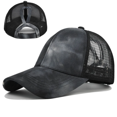 Women Ponytail Baseball Cap Tie Dye Mesh Trucker Hat Adjustable Breathable Sun Hat For Outdoor Sports Casual Streetwear