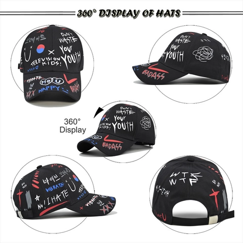 Cappellino da Baseball con Stampa Graffiti in Cotone Streetwear Regolabile Don't Waste Your Youth Protezione Solare per Uomo Donna