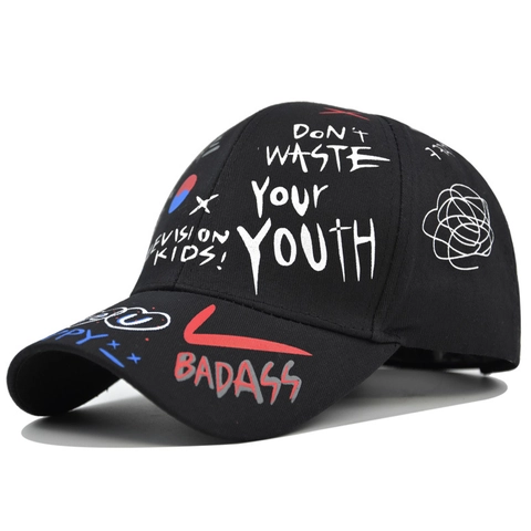 Cappellino da Baseball con Stampa Graffiti in Cotone Streetwear Regolabile Don't Waste Your Youth Protezione Solare per Uomo Donna