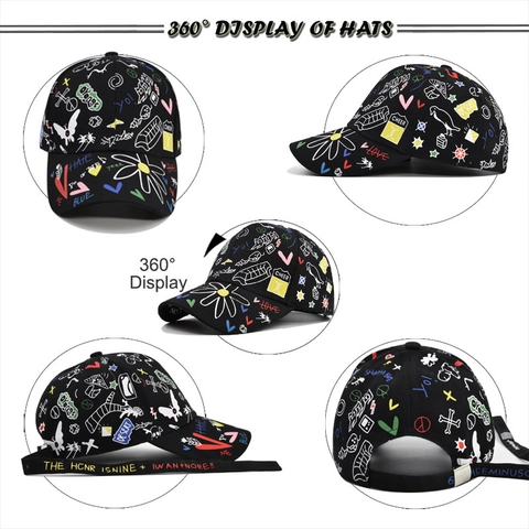 Cappellino da Baseball Unisex Streetwear con Stampa Graffiti in Cotone Hip Hop con Cinturini Lunghi Margherita Cuore