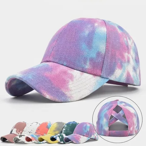 Berretto da Baseball da Donna Casual Tie Dye con Coda di Cavallo Incrociato sul Retro Chignon Alto Regolabile in Cotone