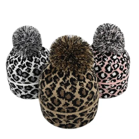 Leopard Print Knit Beanie Hat For Women Winter Warm Acrylic Pom Pom Beanie Hat Fashion Jacquard Knitted Skull Cap