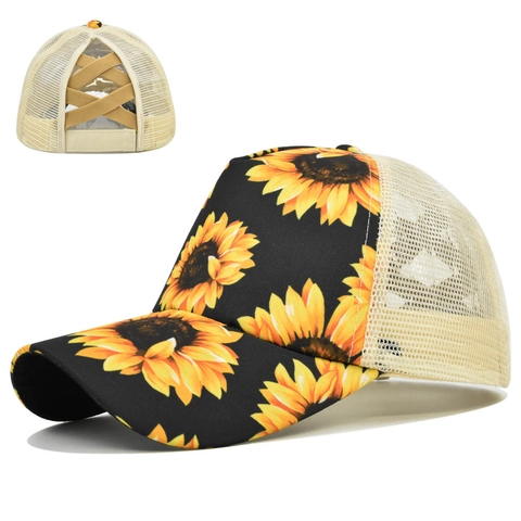 Berretto da Baseball da Donna con Girasole e Coda di Cavallo Cappello Trucker in Rete Regolabile Estivo Floreale Sportivo all'Aperto