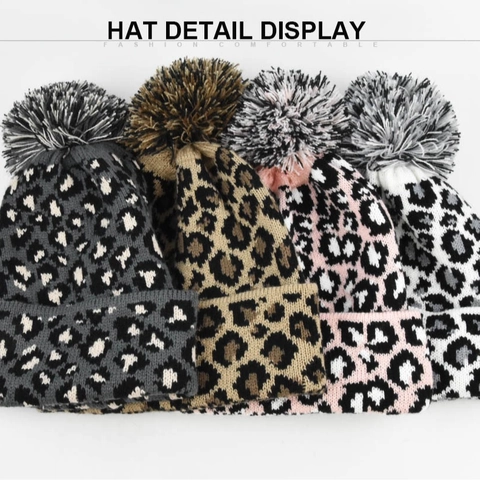 Leopard Print Knit Beanie Hat For Women Winter Warm Acrylic Pom Pom Beanie Hat Fashion Jacquard Knitted Skull Cap