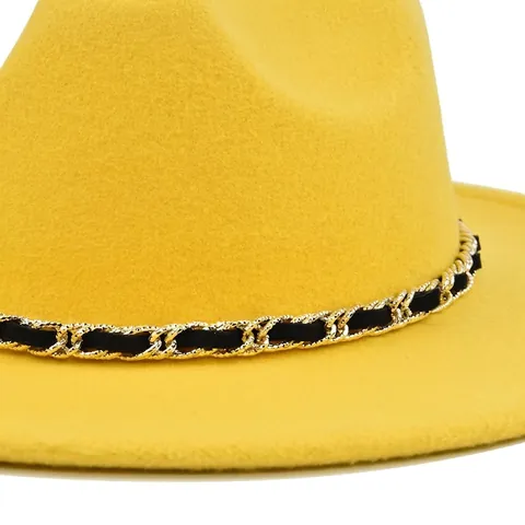 Chapeau Fedora en Laine Vintage pour Femmes Élégant Jazz à Bord Large Avec Décoration de Chaîne en Or Chapeau de Fête en Feutre