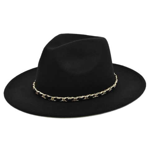 Chapeau Fedora en Laine Vintage pour Femmes Élégant Jazz à Bord Large Avec Décoration de Chaîne en Or Chapeau de Fête en Feutre